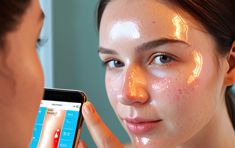 **Prompt:** A hyper-realistic close-up of a woman's radiant, glowing face, illuminated by soft, natural light. A translucent digital overlay on her cheek displays intricate AI skin analysis data (hydration levels, subtle redness maps), while she holds a sleek smartphone showing a personalized serum recommendation. The scene evokes a sense of bespoke care and transformative beauty.