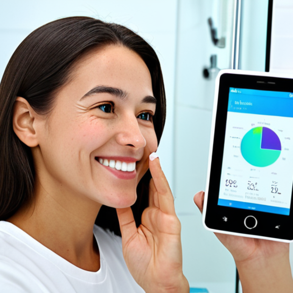 Personalized Skin Analysis**

"A woman with clear skin smiles gently while holding a handheld skin analysis device to her cheek. She's in a brightly lit, modern bathroom with a clean, minimalist design. She's wearing a modest white t-shirt. The device screen shows charts and data about skin hydration and health. Focus on her healthy skin and the advanced technology. safe for work, appropriate content, fully clothed, professional, perfect anatomy, natural proportions, high quality, well-formed hands, proper finger count."

**