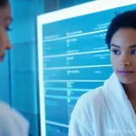 AI 피부 타입 진단 - **Prompt:** A diverse woman, 30s, with a curious and engaged expression, stands in a modern, clean b...