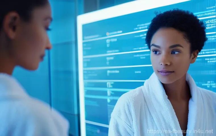 AI 피부 타입 진단 - **Prompt:** A diverse woman, 30s, with a curious and engaged expression, stands in a modern, clean b...