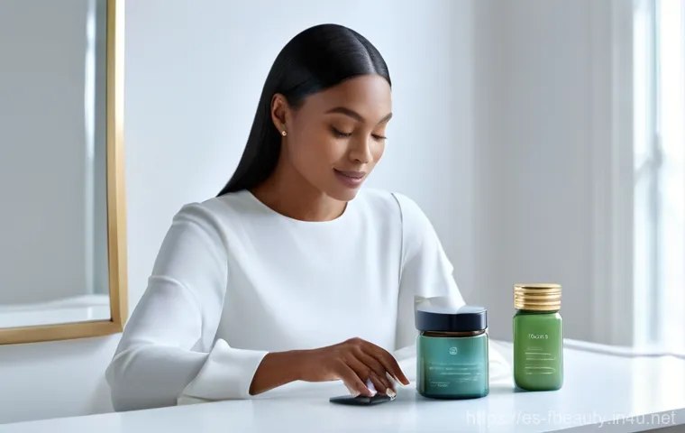 AI 피부 타입 진단 - **Prompt:** A diverse woman, 30s, with a curious and engaged expression, stands in a modern, clean b...