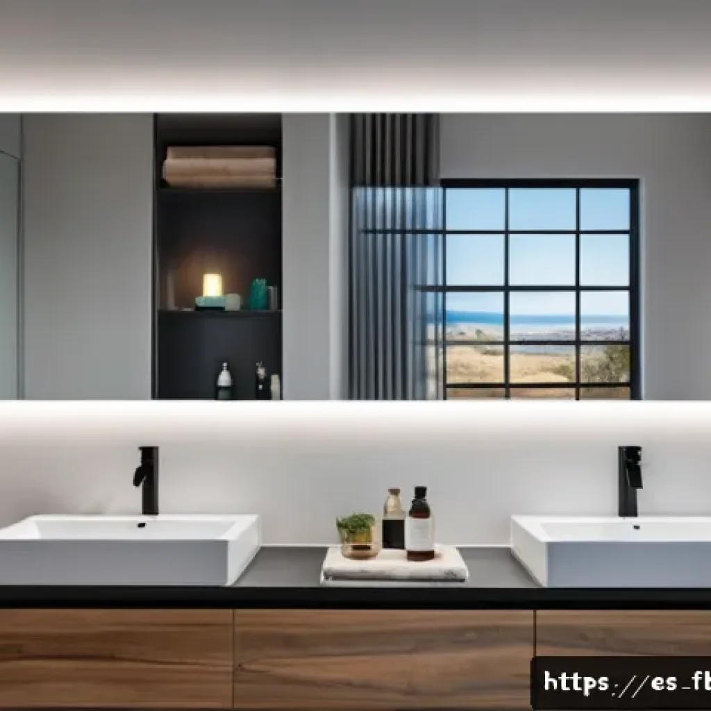 스마트 미러 - A modern smart bathroom featuring a large, wall-mounted smart mirror with a sleek minimalist black f...