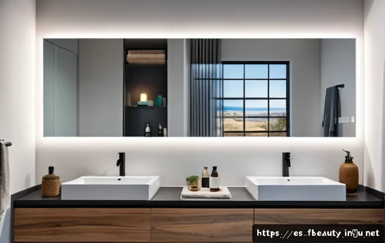 스마트 미러 - A modern smart bathroom featuring a large, wall-mounted smart mirror with a sleek minimalist black f...