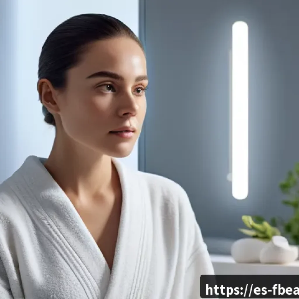 뷰티와 IoT의 결합 - A modern bathroom scene featuring a smart mirror with digital display overlays showing skin hydratio...