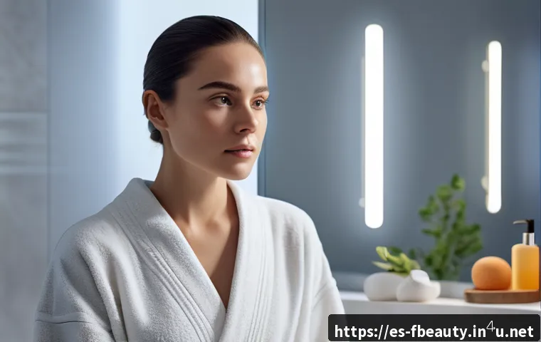 뷰티와 IoT의 결합 - A modern bathroom scene featuring a smart mirror with digital display overlays showing skin hydratio...
