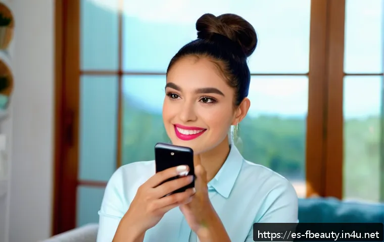 AR 메이크업 필터 - A young Hispanic woman using a digital makeup app on her smartphone in a bright, modern living room ...