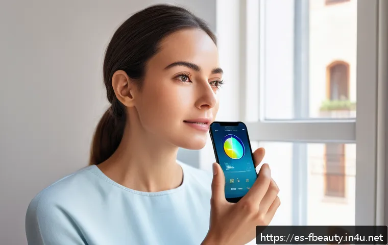 AI 뷰티 추천 서비스 - A modern smartphone displaying a detailed skin analysis interface with colorful graphs and data poin...