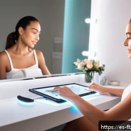 모바일 뷰티 디바이스 - A modern, sleek home skincare setup featuring a young woman with mixed skin type using a multi-techn...