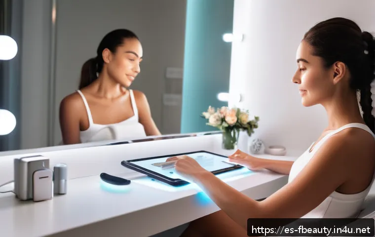 모바일 뷰티 디바이스 - A modern, sleek home skincare setup featuring a young woman with mixed skin type using a multi-techn...