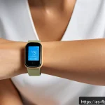 웨어러블 뷰티 디바이스 - A close-up image of a sleek, modern wearable skin care device on the wrist of a young Spanish woman ...