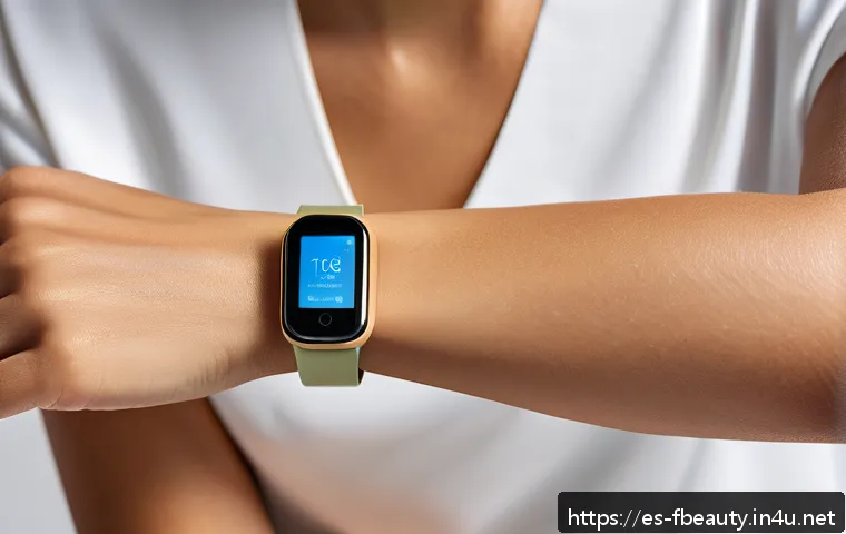 웨어러블 뷰티 디바이스 - A close-up image of a sleek, modern wearable skin care device on the wrist of a young Spanish woman ...