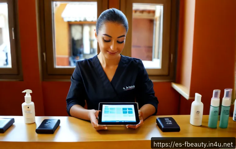 Home 17 뷰티 산업의 디지털 전환 - Photorealistic modern beauty salon in Madrid, Spain, showing a friendly esthetician using a tablet t...